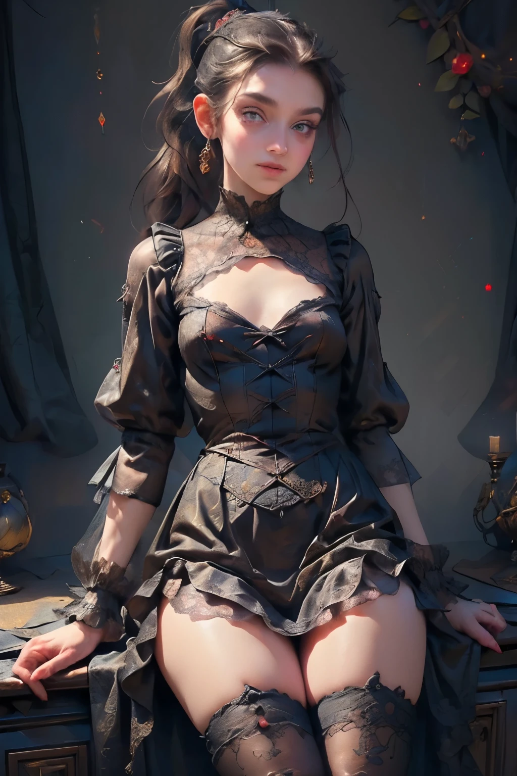 (((masterpiece, of the highest quality, super detailed))), (a witch belonging to an occult order of knights), (a blend of noble knight and occultic witch), ((minimal but intricate beautiful armour)), extremely detailed cute face, intricate eyes, beautiful detailed eyes, symmetrical eyes,(((detailed face))), beautiful detailed lips, (((dark hair, long ponytail, thick ponytail, heavy ponytail))), (((Very sharp focused eyes))), ((very small breasts)), (((flat chest:0.5))), very long eyelashes, occult aesthetic, (resolved expression), resolute expression), Victorian era inspired,  (Fluttering lace flared dress with frilly petticoats), ((Bloodbourne inspired)), (red and white clothing detailed and intricate steampunk and detailed gothic), (with a hood), thigh high flared lace stockings, complex lace boots,