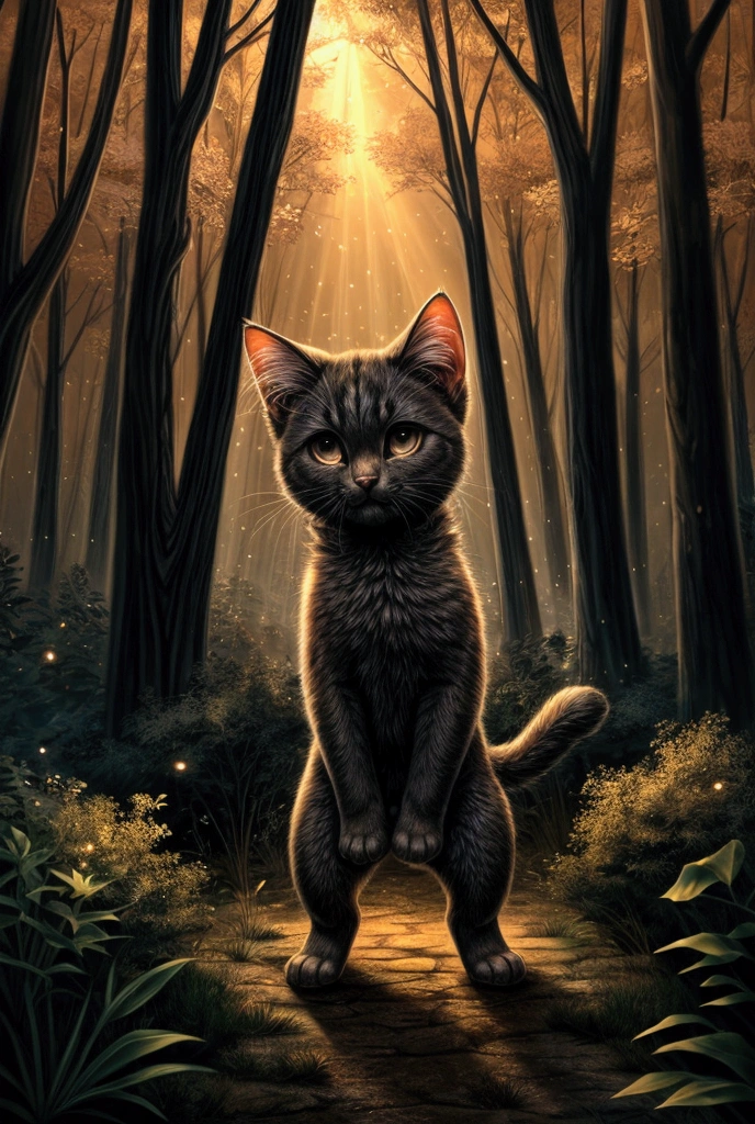 
The setting is deep in the forest。At dusk、Orange light shines through the gaps in the forest.、A black kitten is standing alone。
	• There are tiny particles of light and mist floating around.、A kitten with a somewhat anxious expression、Looks like he&#39;s searching for something。
	• The overall scene is a mixture of loneliness and warmth.。