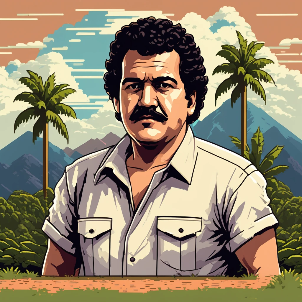 pablo escobar Nostalgic T-shirt, Retro Game Character, Pixelated Landscape, 8-bit Color Palette, Pixel Texture, Pixel Art Style, Isometric Perspective
, TshirtDesignAF