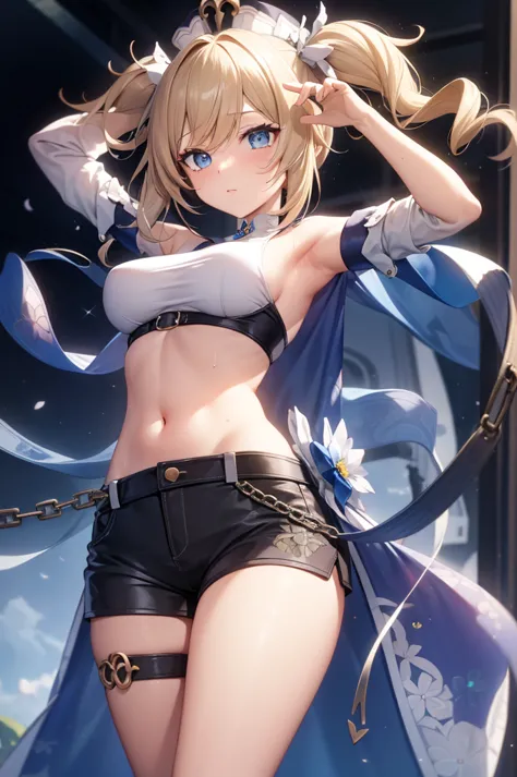 medium hair, barbar（genshin_impact），a curly blonde ponytails,
break (crop top, navel, black shorts,exercise:1.2),
break sexyなポーズ...