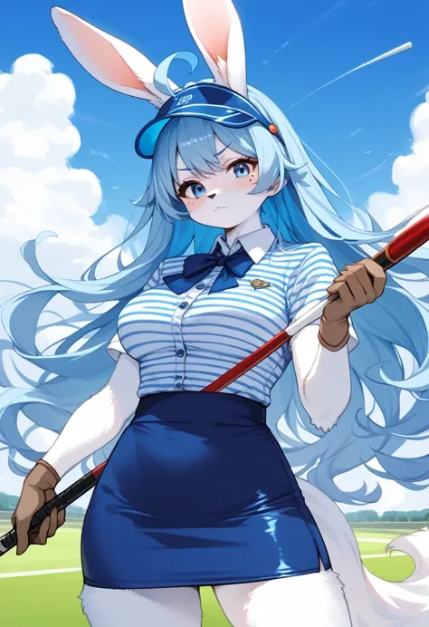 score_9, score_8_up, score_7_up, score_6_up, score_5_up, score_4_up, source_anime, source_furry, best quality, masterpiece, 1 female, (anthropomorphic Rabbit, furry, kemono), golf club, single glove, blue hair, solo, long hair, mole under eye, visor cap, striped shirt, mole, shirt, skirt, light blue hair, short sleeves, blue eyes, ahoge, striped clothes, flipped hair, pencil skirt, blue skirt, holding, gloves, breasts, closed mouth, blue headwear, sky, cloud, buttons, looking at viewer, medium breasts, very long hair, frown, blush, collared shirt