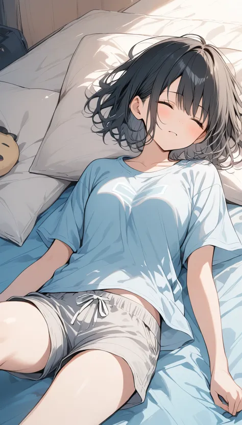 Dough、Thick Paint、Girl sleeping with a hangover、Pale face、Painful face、Groggy face,Black Hair、short hair、T-shirt、Shorts、１People Girls、On the bed