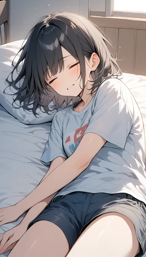 Dough、Thick Paint、Girl sleeping with a hangover、Pale face、Painful face、Groggy face,Black Hair、short hair、T-shirt、Shorts、１People Girls、On the bed