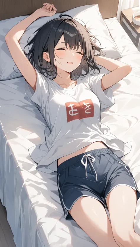 Dough、Thick Paint、Girl sleeping with a hangover、Pale face、Painful face、Groggy face,Black Hair、short hair、T-shirt、Shorts、１People Girls、On the bed,Sleep sweat