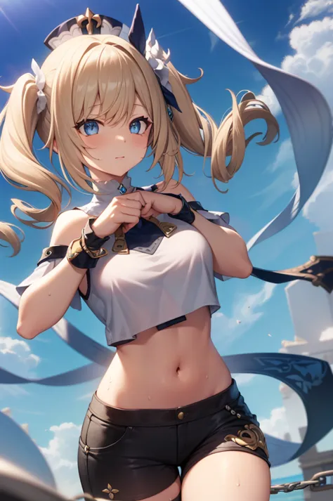 medium hair, barbar（genshin_impact），a curly blonde ponytails,
break (crop top, navel, black shorts,exercise:1.2),
break sexyなポーズ...