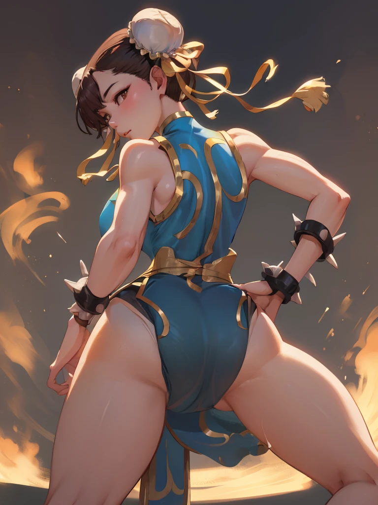 Mongolian Girl, 12, Chun Li Outfit, Leotard, (((Facing Backwards, left hand on buttocks)))