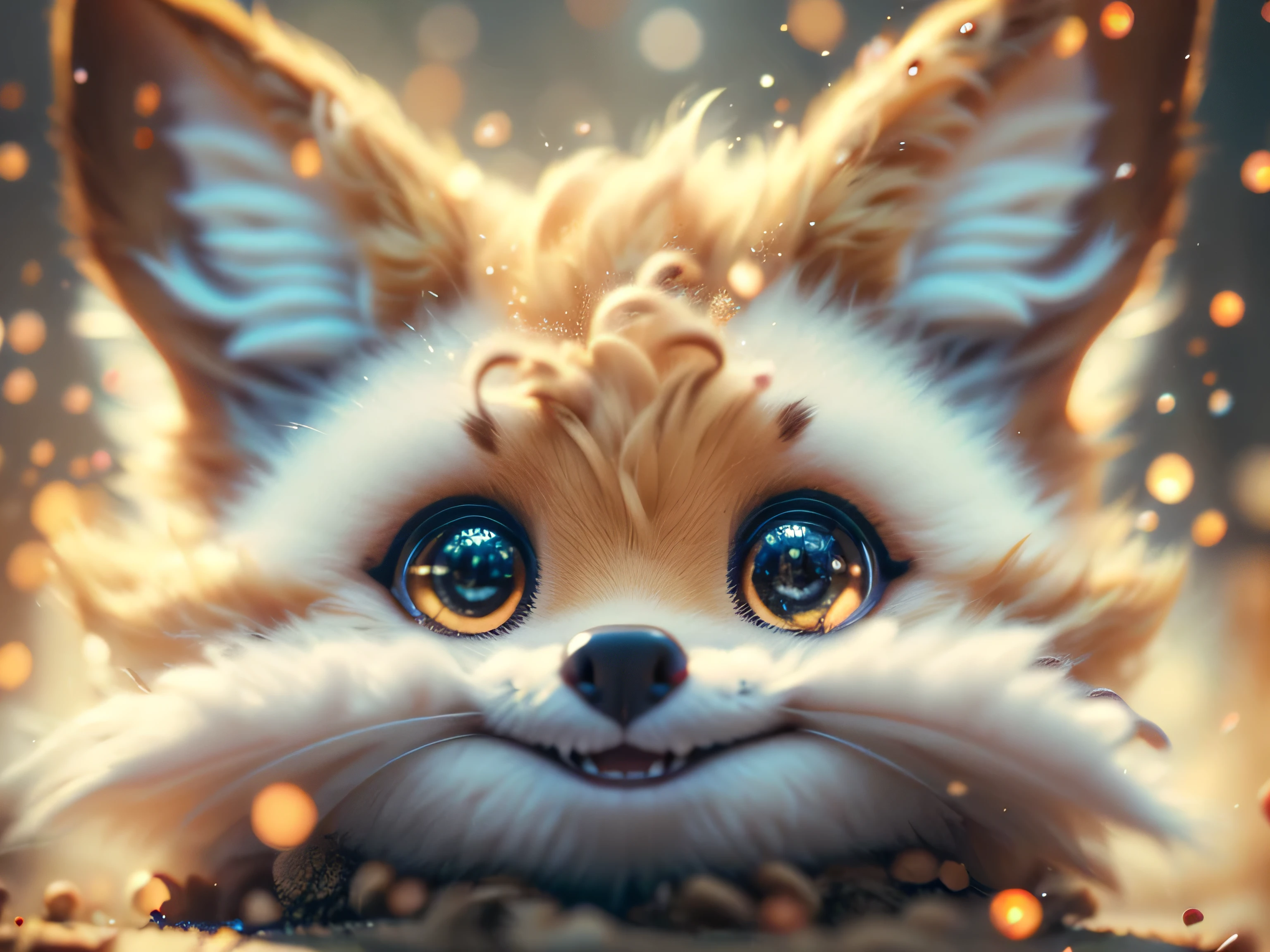 Magical Fantasy Creature, (best quality, masterpiece, Representative work, official art, Professional, Ultra high detail, 8k:1.3) super cute, big-eyed, with a soft, gentle nose, fluffy, smiling with two teeth, fennec fox on a natural background, realistic, beautiful, sparkles, stars in the eyes, soft volumetric light, (backlight:1.3), (cinematic:1.2), intricate details, (ArtStation:1.3), Rutkowski --auto --s2