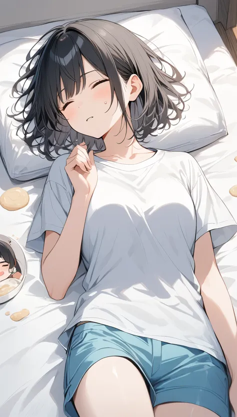 Dough、Thick Paint、Black Hair、short hair、T-shirt、Shorts、hangover、girl、BREAK,((Pale face)),Sleep sweat、A painful face、Sleeping on the bed,独奏,One Girl