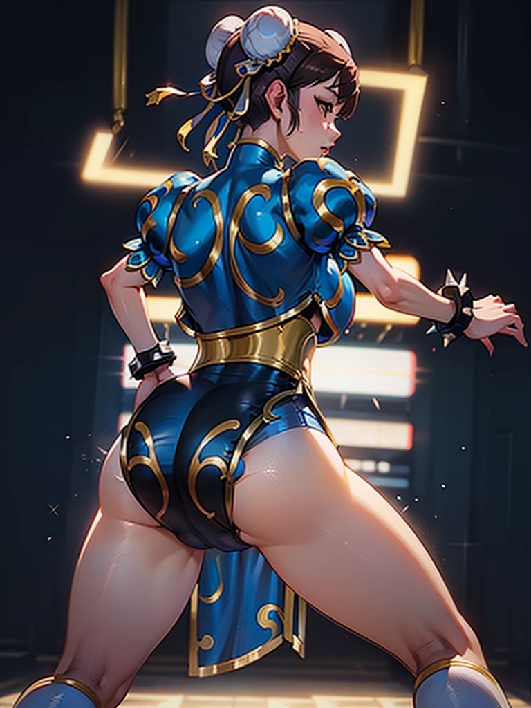 Mongolian Girl, 12, Chun Li Outfit, Leotard, (((Facing Backwards, left hand on buttocks)))