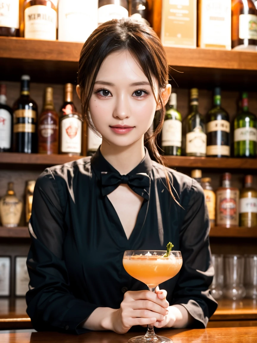 One girl,Highest quality,masterpiece,figure,Very delicate and beautiful,CG,Unity,8k wallpaper,wonderful,In detail,masterpiece,Official Art,Very detailed CG Unity 8k wallpaper,Large file size,Very detailed,High resolution,Very detailed,Beautiful detailed girl, smile, ponytail、(nup, bartender:1.2)、bar、Cocktail、wearing bartender suit,