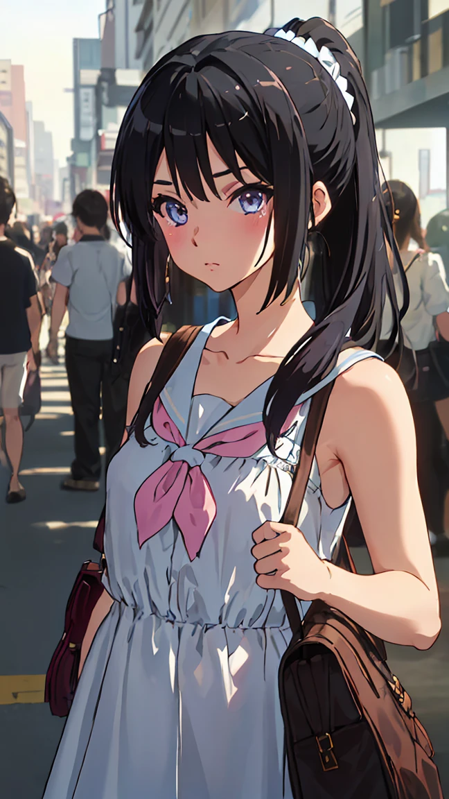 solo, {kousaka_reina_soundeuphonium:1.15}, black hair, long hair, purple eyes, blush, bangs, closed mouth, ponytail, 
BREAK (serafuku, bare shoulders, dress, sleeveless, collarbone, bag, handbag, scrunchie, sleeveless dress, 
:1.2)
BREAK (masterpiece:1.2), best quality, high resolution, unity 8k wallpaper, (illustration:0.8), (beautiful detailed eyes:1.6), extremely detailed face, perfect lighting, extremely detailed CG, (perfect hands, perfect anatomy),