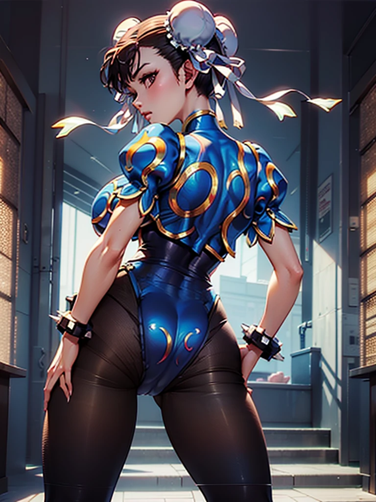 Mongolian Girl, 12, Chun Li Outfit, Leotard, (((Facing Backwards, left hand on buttocks)))