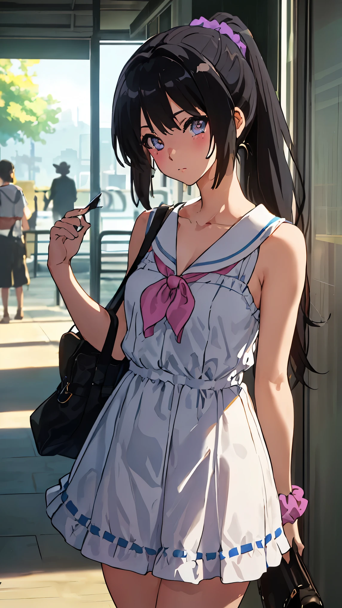 solo, {kousaka_reina_soundeuphonium:1.15}, black hair, long hair, purple eyes, blush, bangs, closed mouth, ponytail, 
BREAK (serafuku, bare shoulders, dress, sleeveless, collarbone, bag, handbag, scrunchie, sleeveless dress, 
:1.2)
BREAK looking at viewer, (cowboy shot:1.5),standing,pose, hand behind back,
BREAK (masterpiece:1.2), best quality, high resolution, unity 8k wallpaper, (illustration:0.8), (beautiful detailed eyes:1.6), extremely detailed face, perfect lighting, extremely detailed CG, (perfect hands, perfect anatomy),