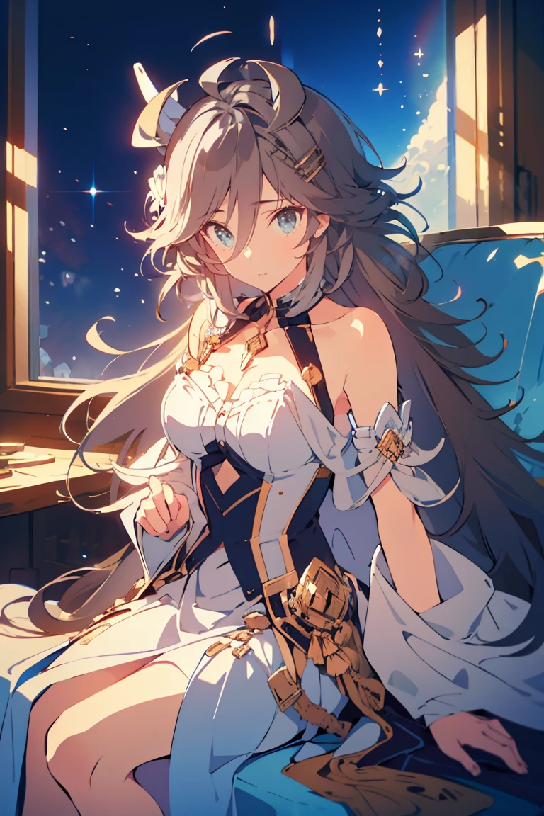 (((masterpiece))),Highest quality, figure,(Beautiful detailed girl),Exposing shoulders,flat_CHST,Diamonds and sparkling eyes,Beautiful and detailed cold face,Very long blue and silver hair,Floating black feather,Moon of night，Wavy hair,Black and white of sleeve,Gold and silver of fringe,Silver three-crowned tiara inlaid with obsidian,(sit) black ((throne)), (depth) of (Field),big_chest