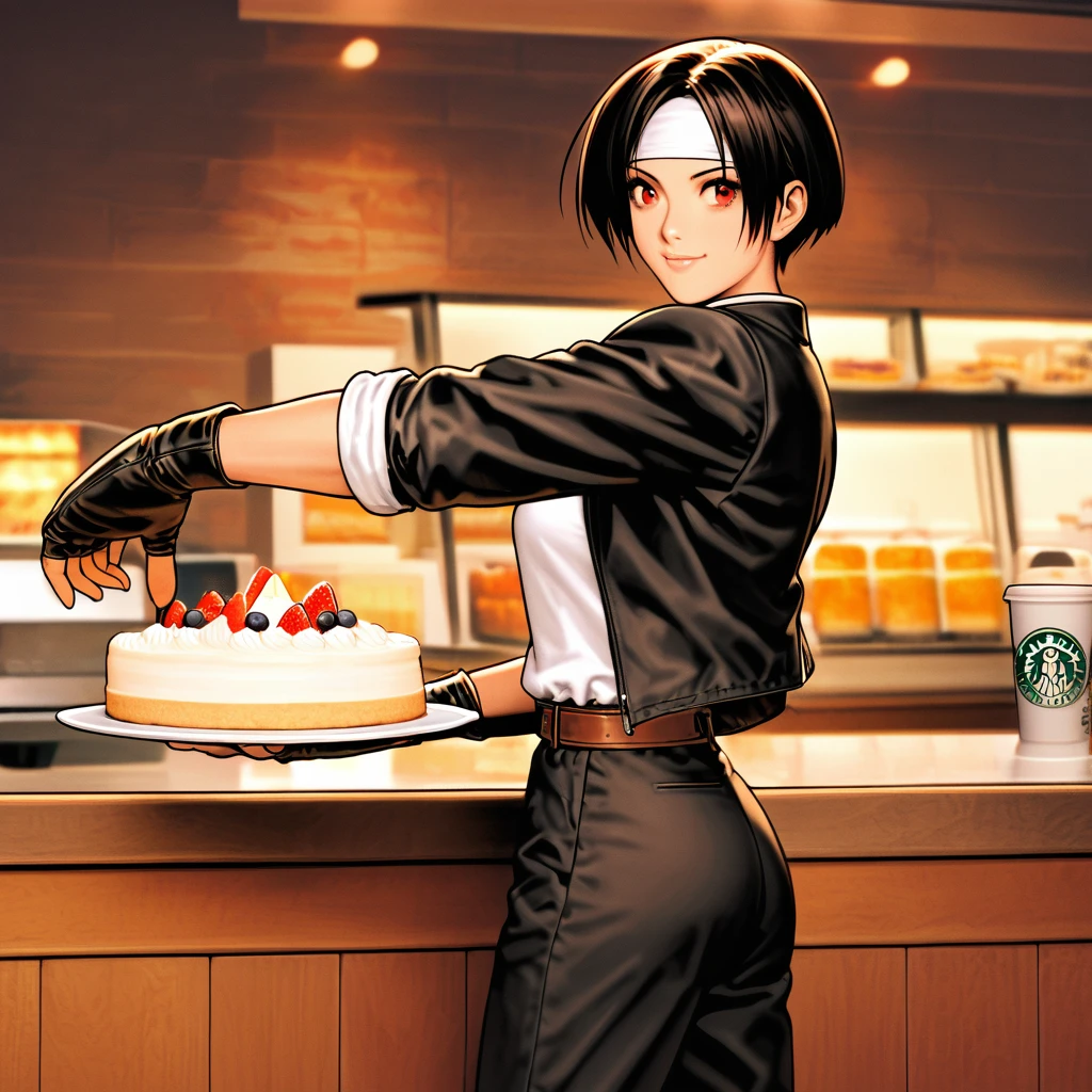 High resolution, high definition, woman eating cake, coffee shop, happy expression, she is wearing ((black jacket with rolled up sleeves)), fingerless gloves, white T-shirt, ((white headband)), black long pants, white shoes, brown belt, black hair, short cut, red eyes