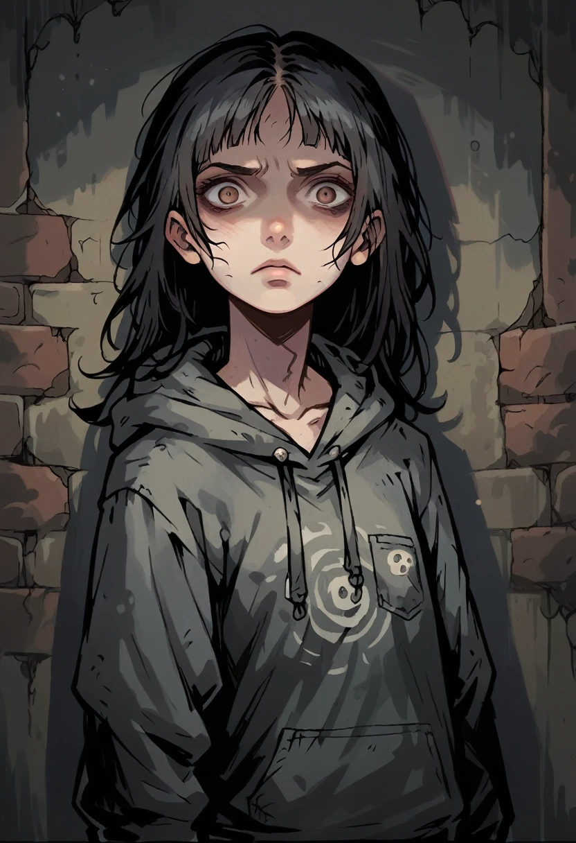 Medium close-up portrait of a pale, slender girl, long straight hair, black hair, contrast brown eyes. She has serious almost contemptuous face expression, looking directly at the viewer and has finely detailed facial features. She is wearing a slightly torn but clean oversized clear grey normcore hoodie, and has a small chest. In the background writings on a weathered dusty wall, creating a moody atmospheric scene. The overall visual style is dark, gritty, and detailed, inspired by Chris Bourassa, known for his dramatic lighting and expressive.
