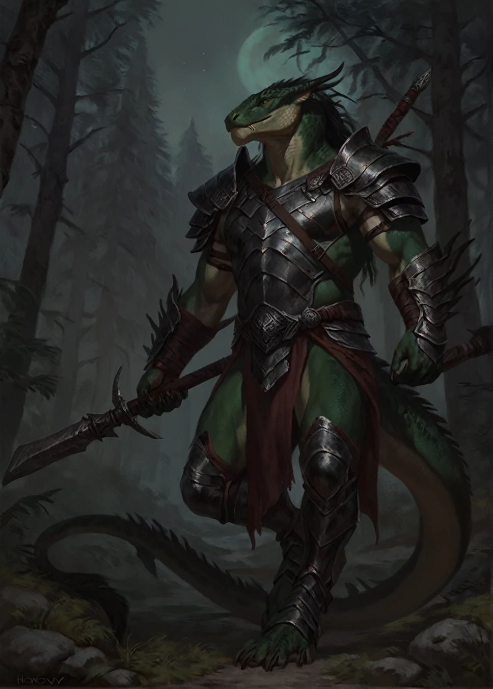 dark green lizardfolk, solo, warrior, plantigrade, by oouna, by laobai, by taran fiddler, by honovy, armor, druid fighter, warlock, detailed tail, masculine body shape, roman, tall, muscular, forest background, night