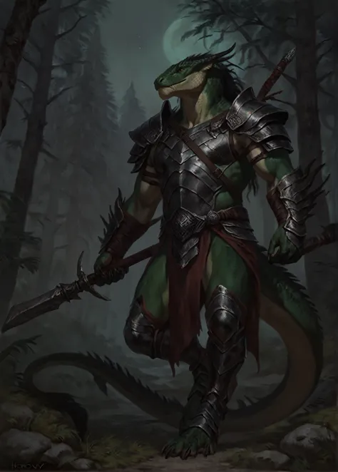 dark green lizardfolk, solo, warrior, plantigrade, by oouna, by laobai, by taran fiddler, by honovy, armor, druid fighter, warlo...