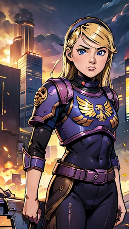 (1girl, penny peterson), (extremely detailed CG unit 8k wallpaper),(master part), (best quality), (ultra detail), (best illustration),(Tsukasa hojo), cowboy shot, (Sharp eyeliner, ombre, detailed eyes:1), destroyed city, distant fires, rising smoke, (WH40K:1.0) background, break , standing, upper body,  blonde hair, hairband, blue eyes, 
wearing a armor, wearing a helmet tk-char, 