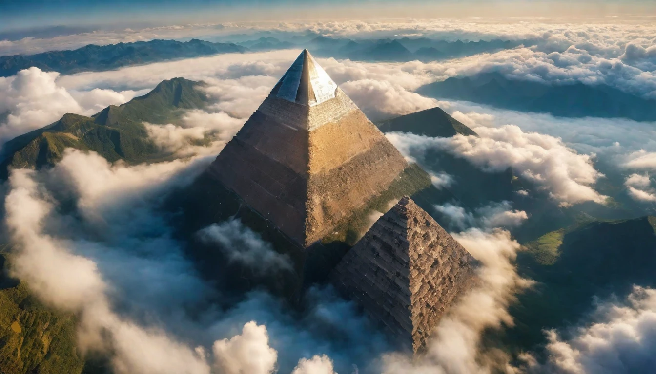 Aerial View of Giant Pyramid Mountain towering above the cloud, Natural light, Symmetrical Pyramid, (Extremists wide angle:1.5), fisheye photo, ((Aerial View):1.2), ((Extremely high feeling):1.1), highly detailed cloud and sky at background, (tyndall effect), Coexist with the surrounding environment, extremely detailed cloud and sky background, Wild Landscape, Beautiful scenery, extremely detailed, Depth of Field, best quality, masterpiece, high resolution, Surrealism, 8K, top view, High Angle View, Blue Palette. Rendered in Extremists-high definition with UHD and retina quality, this masterpiece ensures super detail. Focus on high quality and accuracy, 这部屡获殊荣的work以令人惊叹的 16k 分辨率捕捉到了每一个细微差别, Immerse the audience in lifelike depictions. Avoid extreme angles or exaggerated expressions，To maintain the sense of reality. ((perfect_work, perfect_design, perfect_layout, perfect_detail, Extremists_detailed)), ((improve_all, Fixed_a cut)), More details, improve.