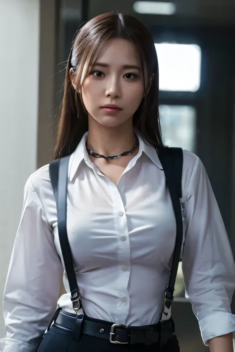 a woman in a suit, belt, hands behind back, sweating, suspenders, black pants, sexly, large breasts, see-through clothing, rain,...