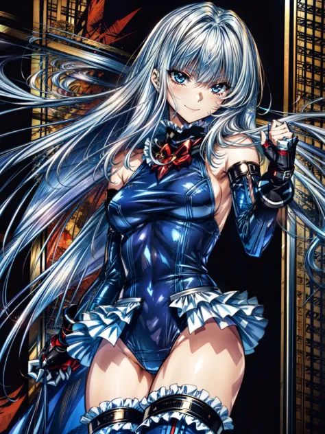 Perfect Anatomy, Highest quality, marirose,Wicked Smile,Provocative attitude
,((dramatic graphic background：Fighting Ring:1.4)),Wicked Smile,Anime Style,(Frilled swimsuit, Knee socks, Removed sleeve), (Anime Style:1.4) ,
Silver Hair,(White fingers:1.1,Black gloves),Very long hair,Evil Aura,(((masterpiece))), (((best quality))), ((ultra-detailed)), (illustration), (detailed light),((an extremely delicate and beautiful), 
