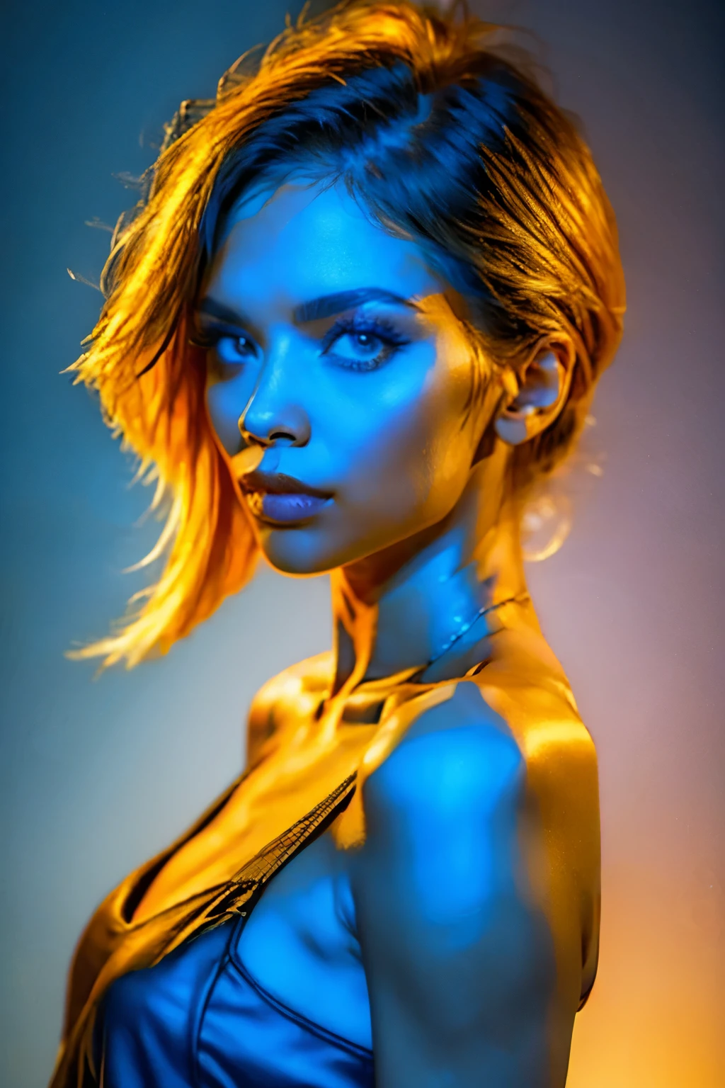 A beautiful young woman posing sensually in a studio, her skin illuminated by soft, (((colorful lights))) that reflect across her body. The background features a smooth gradient of vibrant colors, adding depth to the scene. The lighting creates a dramatic, professional studio effect, highlighting her realistic skin textures and contours. The image is hyper-realistic, capturing every detail, from the strands of her hair to the subtle reflections on her skin. The setting is luxurious and sophisticated, with a balanced composition that emphasizes both her beauty and the artistic lighting. natural light, 35mm photograph, film, professional, 4k, highly detailed, Golden hour lighting. Depth of field F2. Rule of Thirds Composition.
