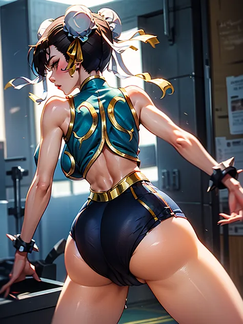 mongolian girl, 12, chun li outfit, leotard, (((facing backwards, left hand on buttocks)))