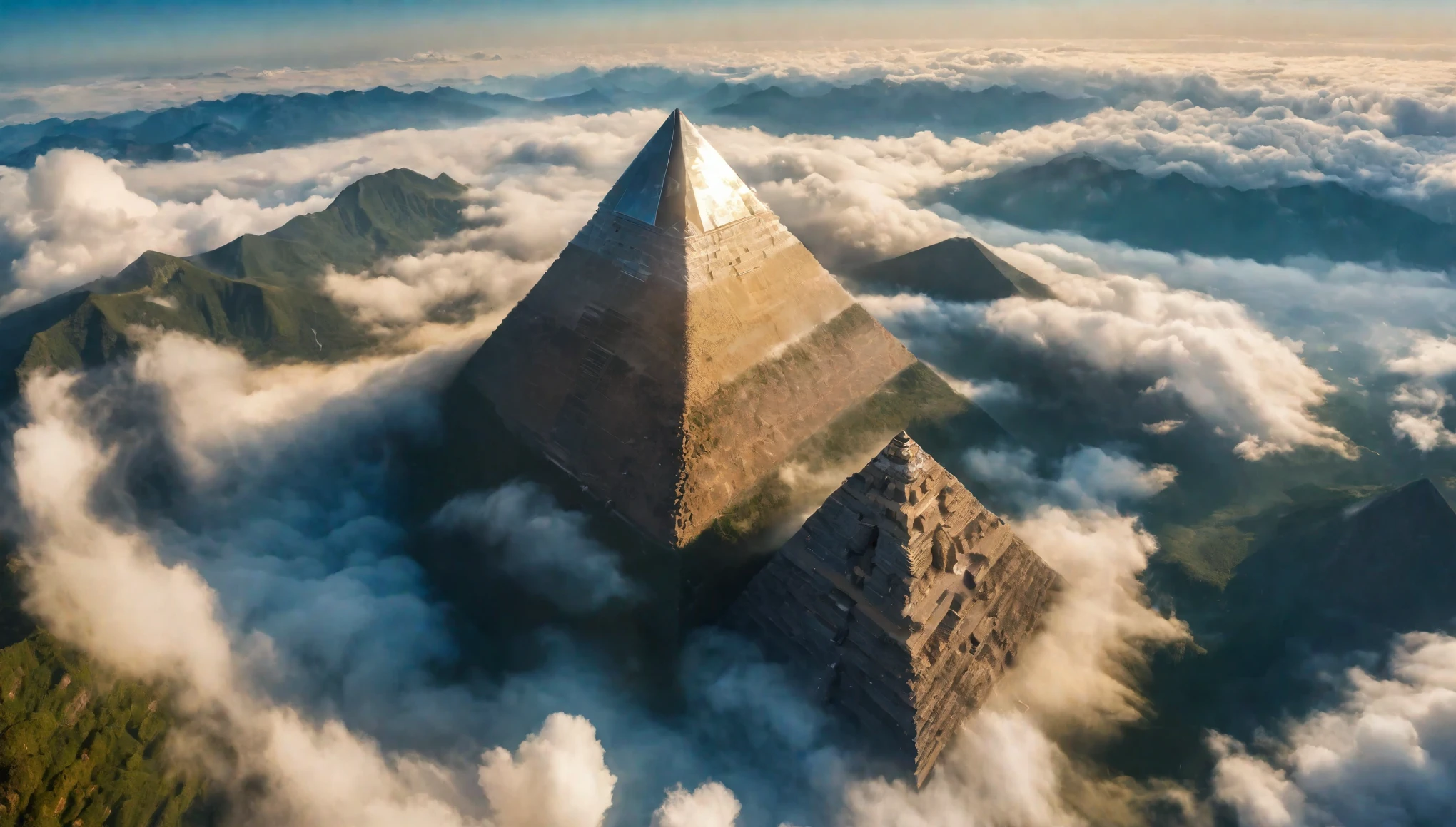 Aerial View of Giant Pyramid Mountain towering above the cloud, Natural light, Symmetrical Pyramid, (Extremists wide angle:1.5), fisheye photo, ((Aerial View):1.2), ((Extremely high feeling):1.1), highly detailed cloud and sky at background, (tyndall effect), Coexist with the surrounding environment, extremely detailed cloud and sky background, Wild Landscape, Beautiful scenery, extremely detailed, Depth of Field, best quality, masterpiece, high resolution, Surrealism, 8K, top view, High Angle View, Blue Palette. Rendered in Extremists-high definition with UHD and retina quality, this masterpiece ensures super detail. Focus on high quality and accuracy, 这部屡获殊荣的work以令人惊叹的 16k 分辨率捕捉到了每一个细微差别, Immerse the audience in lifelike depictions. Avoid extreme angles or exaggerated expressions，To maintain the sense of reality. ((perfect_work, perfect_design, perfect_layout, perfect_detail, Extremists_detailed)), ((improve_all, Fixed_a cut)), More details, improve.