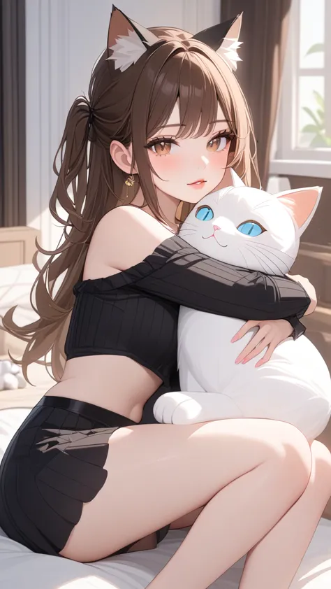 (masterpiece, best quality:1.2, absurdres), 1girl, brown hair, cat ears, hugging big doll, bedroom, detailed face, detailed eyes...