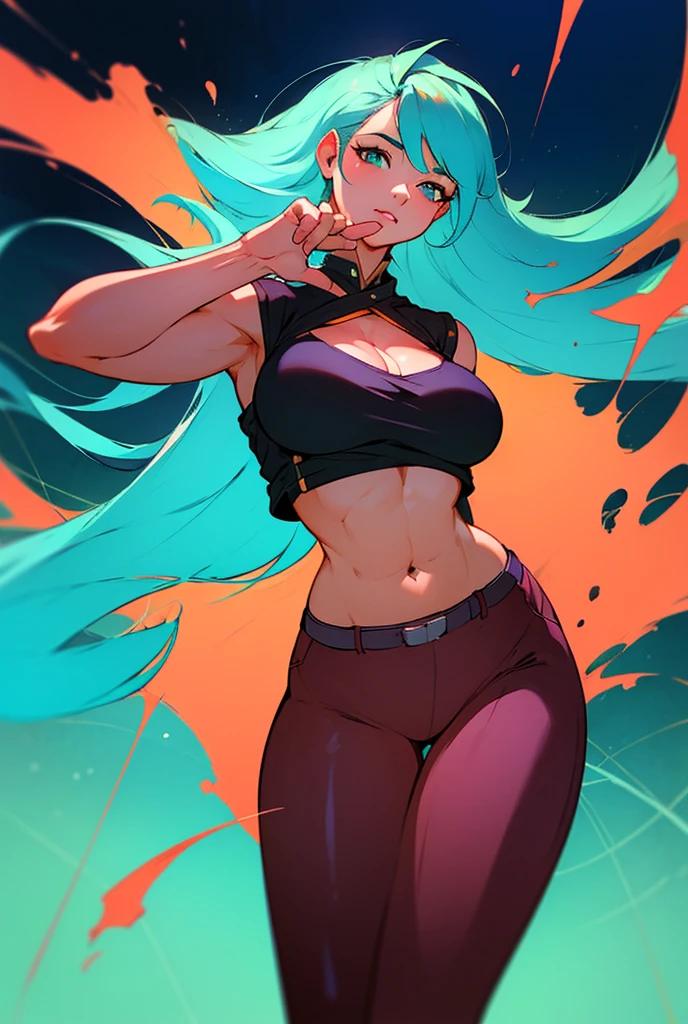 High quality, high resolution, accurate, anatomically correct, masterpiece, best quality, high quality, higly detailed, ultra hd, 4k, black background, turquoise hair, no emotions, turquoise jean, turquoise crop top, bigger breasts, big ass, hands on chest, long hair, 