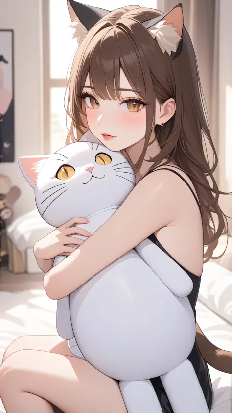 (masterpiece, best quality:1.2, absurdres), 1girl, brown hair, cat ears, hugging big doll, bedroom, detailed face, detailed eyes...