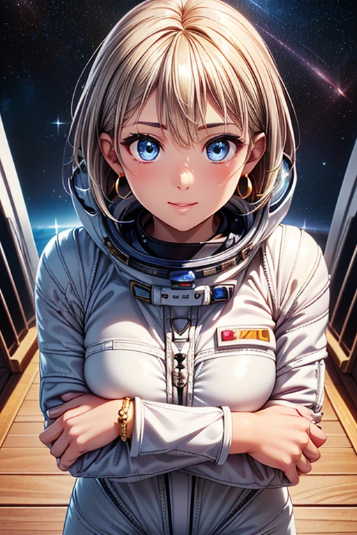 Girl posing for photo, animeのcute少女, ((One Girl)), ((Baby Face:1.3)) + ((cute:1.3)), 
BREAK 

(((Shiny white spacesuit:1.5) + Gold decoration)),  
((Red earrings)), ((Gold Necklace)), ((fancy gold bracelet)), 
BREAK 

(Silver Hair:1.4), (Very long side bangs + very long transverse hair), ((Pixie Cut Hair) : very short back hair + Straight hair), 
(Eyes with drooping corners of the eyes:1.4), (Big eyes:1.4), (blue eyes), 
((Small breasts:1.0)), 
(Tanned dark skin), (boyish), 
BREAK 

((noon, The deck of a sailing ship in sunlight, Rippling seas, blue sky)), 
((Wicked Smile + blush)), 
((Arms crossed、Stand with your feet together、A pose that exudes grace and poise)), 
((Angle from the front)), ((Character Focus)), ((Cowboy Shot)), 
BREAK 

(Slim figure), (Symmetrical facial features), 
(Detailed Hair), (Beautiful Hair), (Shiny Hair), 
(double eyelid), (Long eyelashes), (Thin eyebrows:0.5), 
(Shiny eyes), (Detailed eyes), (Beautiful Eyes), (Delicate eyes), (Perfect Eyes), (Sparkling eyes), (Eye Reflexes), (Glitter Eyeliner), 
(Human Ear), 
(Beautiful Nose), (Thin Nose), 
(Glossy Lips), (Beautiful Lips), (Thick lips), 
(Shiny skin), (Detailed skin), (Fine skin), (Beautiful Skin), (Oily skin), 
BREAK 

(((Highest quality)), ((masterpiece:1.3)), ((Very detailed))), ((Ultra-high resolution)), ((16K)), ((1080P)), ((Full HD)), 
(Anatomically correct), ((Realistic)), (3DCG), ((Oil painting)), 
((comics, anime)), (CG illustration), (RAW Photos), 
