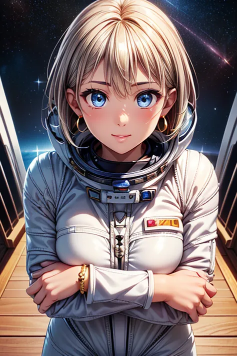 girl posing for photo, animeのcute少女, ((one girl)), ((baby face:1.3)) + ((cute:1.3)), 
break 

(((shiny white spacesuit:1.5) + go...