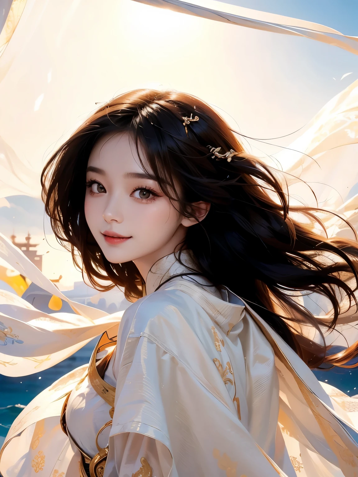 Portrait of a beautiful young Asian woman smiling, Beautiful wavy hair, Against the backdrop of flying cloth