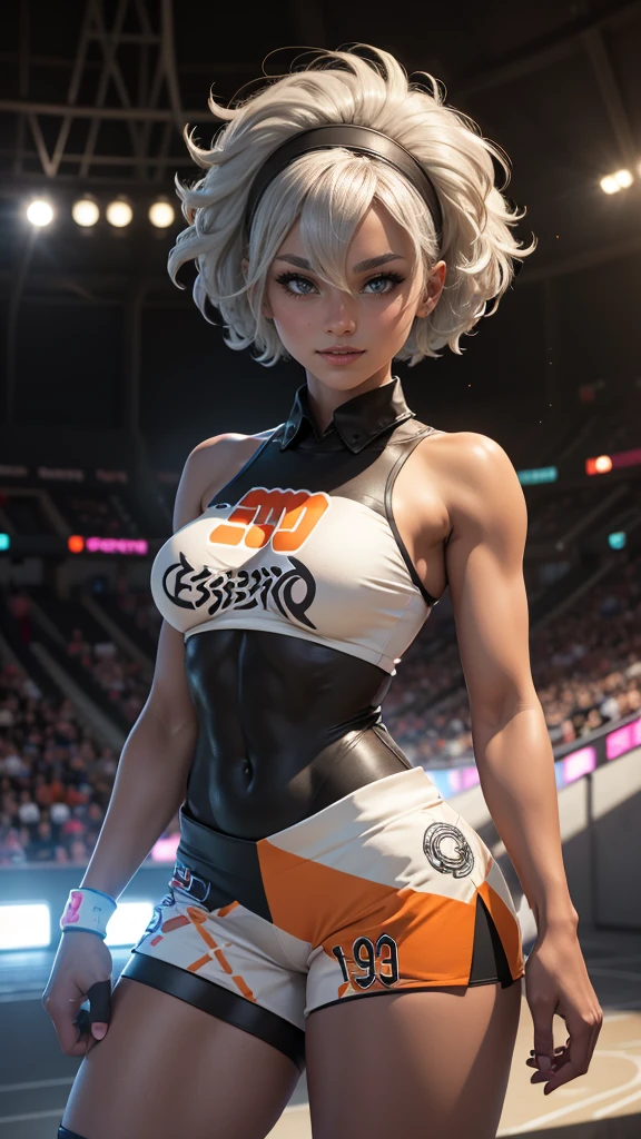 Bea da pokemon,(best qualityer,4K,8k,high resolution,work of art:1.2)(weather: windy), 1girl, solo girl, sport stadium background, short curly hair, gray hair, cropped shirt, micro shorts, thigh high stockings, headband, gloves, leotard, ultra detailed,realistic,beautiful detailed gray eyes, beautiful detailed lips,extremely detailed eye and face, long eyelashes,average,medium breasts, nipples,beaming smile,powerful girl, bright coloured, dramatic lighting,