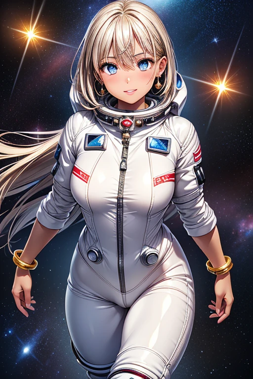 Girl posing for photo, animeのcute少女, ((One Girl)), ((Baby Face:1.3)) + ((cute:1.3)), 
BREAK 

((Shiny white spacesuit:1.5)),  
((Red earrings)), ((Gold Necklace)), ((fancy gold bracelet)), 
BREAK 

(Silver Hair:1.4), (Very long side bangs + very long transverse hair), ((Pixie Cut Hair) : very short back hair + Straight hair), 
(Eyes with drooping corners of the eyes:1.4), (Big eyes:1.4), (blue eyes), 
((Small breasts:1.0)), 
(Tanned dark skin), (boyish), 
BREAK 

((universe, universe船の中, I can see the earth behind me)), 
((Wicked Smile + blush)), 
((Arms crossed、Stand with your feet together、A pose that exudes grace and poise)), 
((Angle from the front)), ((Character Focus)), ((Cowboy Shot)), 
BREAK 

(Slim figure), (Symmetrical facial features), 
(Detailed Hair), (Beautiful Hair), (Shiny Hair), 
(double eyelid), (Long eyelashes), (Thin eyebrows:0.5), 
(Shiny eyes), (Detailed eyes), (Beautiful Eyes), (Delicate eyes), (Perfect Eyes), (Sparkling eyes), (Eye Reflexes), (Glitter Eyeliner), 
(Human Ear), 
(Beautiful Nose), (Thin Nose), 
(Glossy Lips), (Beautiful Lips), (Thick lips), 
(Shiny skin), (Detailed skin), (Fine skin), (Beautiful Skin), (Oily skin), 
BREAK 

(((Highest quality)), ((masterpiece:1.3)), ((Very detailed))), ((Ultra-high resolution)), ((16K)), ((1080P)), ((Full HD)), 
(Anatomically correct), ((Realistic)), (3DCG), ((Oil painting)), 
((comics, anime)), (CG illustration), (RAW Photos), 
