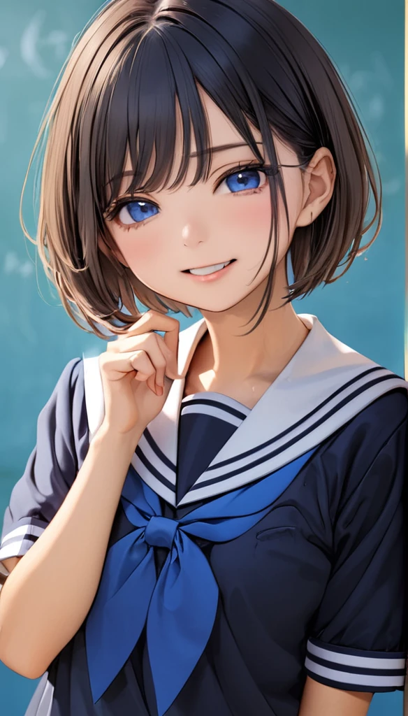 Cowboy Shot、 1 girl, A shy smile、blush、Black Hair, Short Bob Cut, Schoolの, Sailor suit, (((School、 background:1.4))), blush:1.2, Deep blue eyes、((Open your mouth)), Light and shadow with attention to detail, backgroundぼかし, (Highest quality:1.2,  Very detailed, Attention to detail, masterpiece:1.2, Best aesthetics),