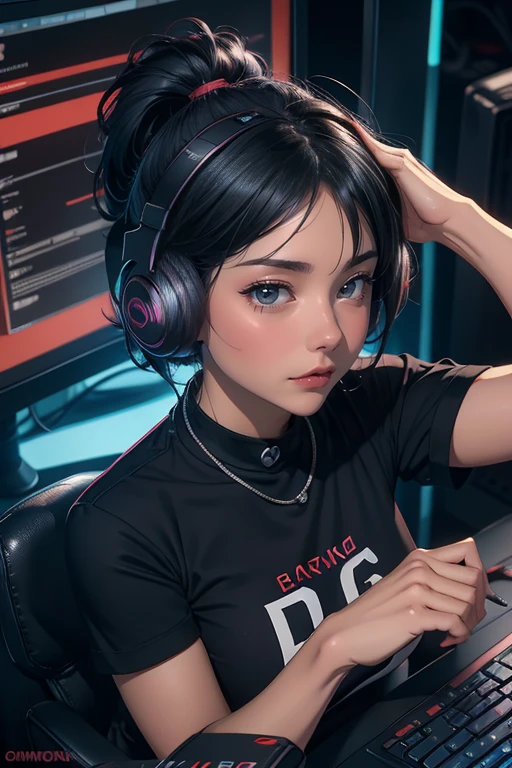 4 cards cartoon style, cyber punk, short hair, Thick eyebrows, Digital Punk, Anime Style 4k, Short sleeve gaming wear, Black Hair, Computer Lab, Over-the-head gaming headset