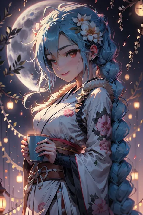 a anime style female character holding a cup of sake next to a  full moon, 1girl, solo, japanese clothes, cup, kimono, night, ha...