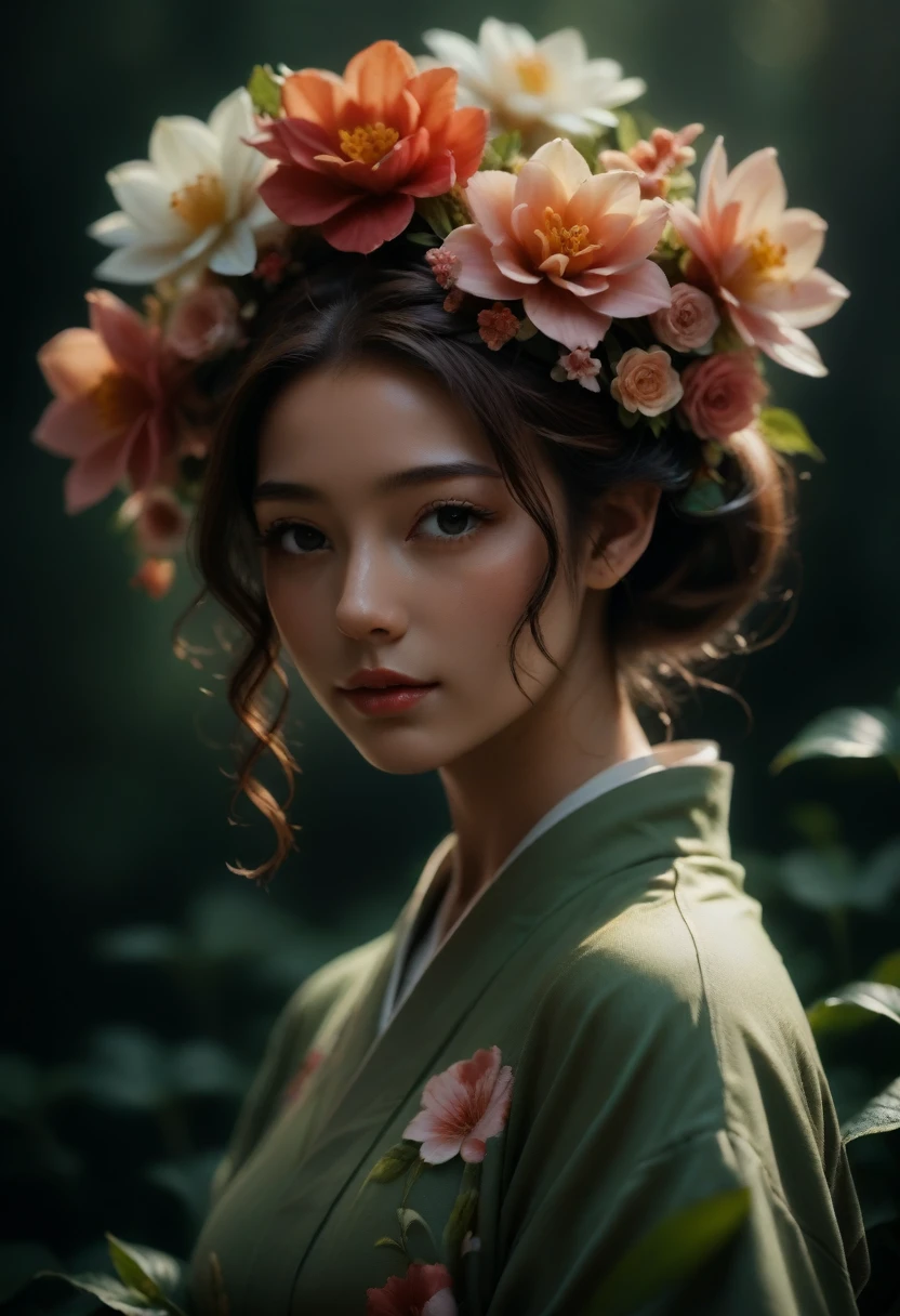 arafed woman in a kimono with flowers on her head, beautiful digital artwork, beautiful digital illustration, beautiful digital painting, gorgeous digital painting, artwork in the style of guweiz, photorealistic anime girl render, smooth anime cg art, beautiful digital art, great digital art with details, stunning digital illustration, detailed digital anime art, render of april, beautiful anime portrait