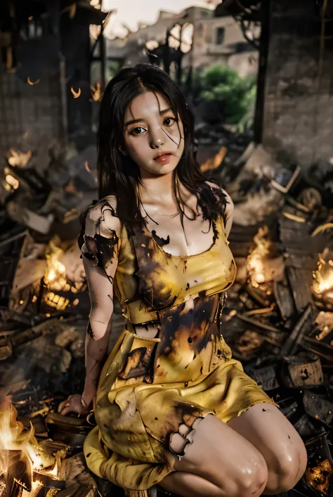 a naked beautiful girl being burned at the stake, (((a charred yellow dress that was burned and torn to shreds))), (bare chest),...