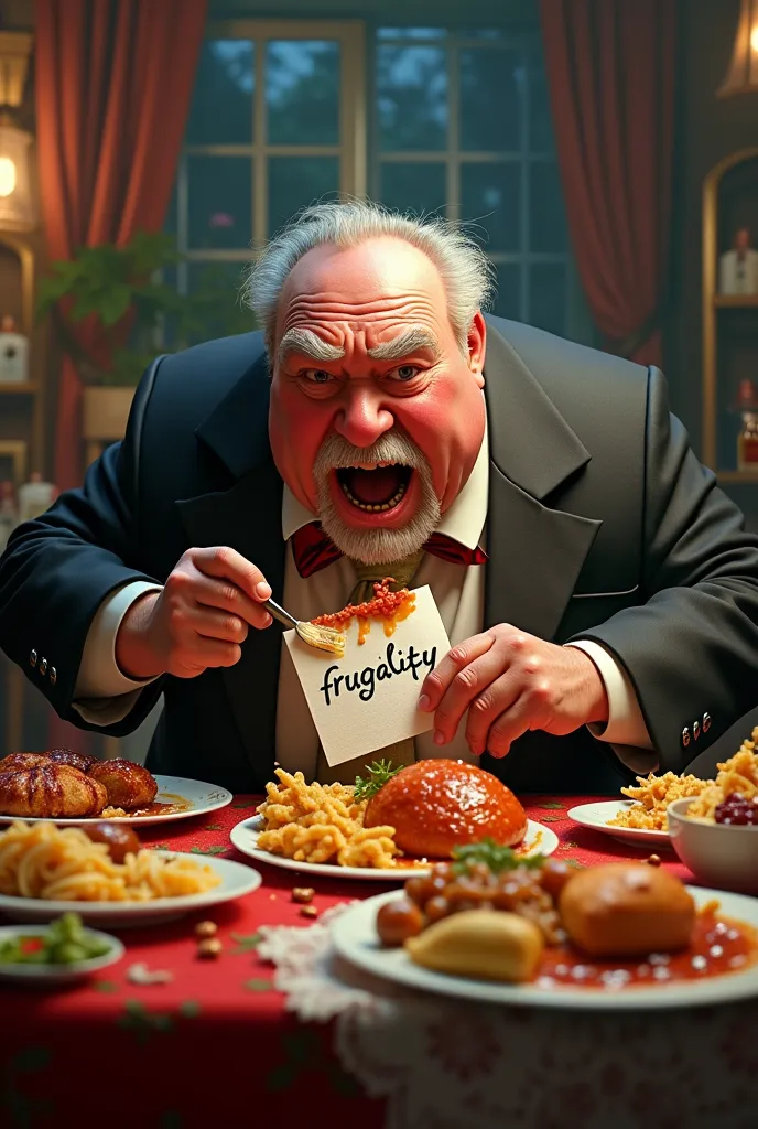 A greedy, gluttonous, fat old man in an expensive suit eating food from a table. He eats in a dirty manner, in a vulgar atmosphere. The word "Frugality" is written on his napkin. Gag scene. 3D animation style. High-definition realistic. The colors are colorful. The old man is drawn in a vulgar way.