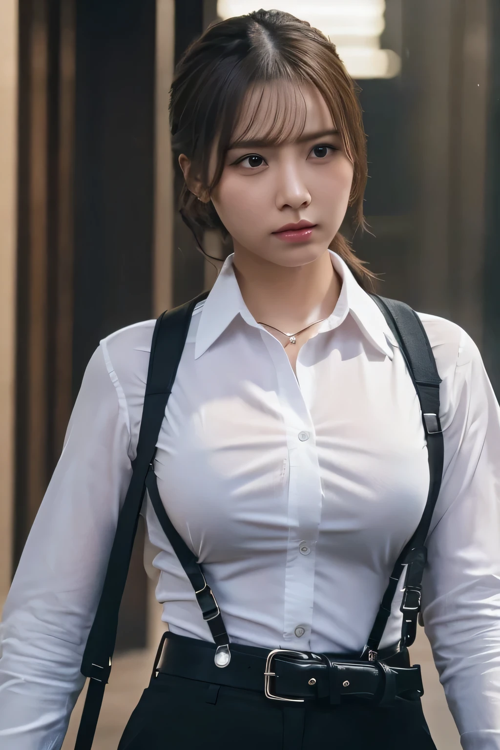 a woman in a suit, belt, hands behind back, sweating, suspenders, black pants, sexly, large breasts, see-through clothing, rain, detective, office worker, white button-up shirt, (best quality,4K,8k,highres,masterpiece:1.2),ultra-detailed,(realistic,photorealistic,photo-realistic:1.37),hyper-detailed,highly detailed face and body, Slender　thin　suspenders　Moderate breasts　See-through shirt　Nipples　holster　chain　Pistol　Armament　criminal　Female criminal　knife 　