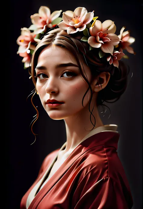 arafed woman in a kimono with flowers on her head, beautiful digital artwork, beautiful digital illustration, beautiful digital ...