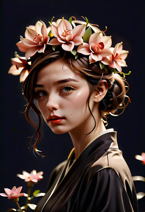 arafed woman in a kimono with flowers on her head, beautiful digital artwork, beautiful digital illustration, beautiful digital ...