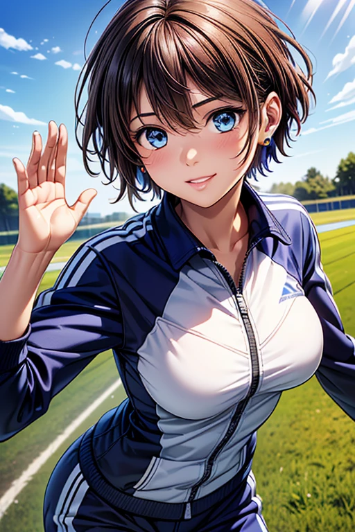 Girl posing for photo, animeのcute少女, ((One Girl)), ((Baby Face:1.3)) + ((cute:1.3)), 
BREAK 

((Shiny blue track suit:1.5)),  
((Red earrings)),  
BREAK 

(Sky Blue Hair:1.2), (Short side bangs), ((Pixie Cut Hair) : Very short hair + Straight hair), 
(Eyes with drooping corners of the eyes:1.4), (Big eyes:1.4), (blue eyes), 
((Small breasts:1.0)), 
(Tanned dark skin), (boyish), 
BREAK 

((noon, A sunny field, blue sky)), 
((Wicked Smile + blush)), 
((While gently waving your arms、Jogging pose)), 
((Angle from the front)), ((Character Focus)), ((Cowboy Shot)), 
BREAK 

(Slim figure), (Symmetrical facial features), 
(Detailed Hair), (Beautiful Hair), (Shiny Hair), 
(double eyelid), (Long eyelashes), (Thin eyebrows:0.5), 
(Shiny eyes), (Detailed eyes), (Beautiful Eyes), (Delicate eyes), (Perfect Eyes), (Sparkling eyes), (Eye Reflexes), (Glitter Eyeliner), 
(Human Ear), 
(Beautiful Nose), (Thin Nose), 
(Glossy Lips), (Beautiful Lips), (Thick lips), 
(Shiny skin), (Detailed skin), (Fine skin), (Beautiful Skin), (Oily skin), 
BREAK 

(((Highest quality)), ((masterpiece:1.3)), ((Very detailed))), ((Ultra-high resolution)), ((16K)), ((1080P)), ((Full HD)), 
(Anatomically correct), ((Realistic)), (3DCG), ((Oil painting)), 
((comics, anime)), (CG illustration), (RAW Photos), 
