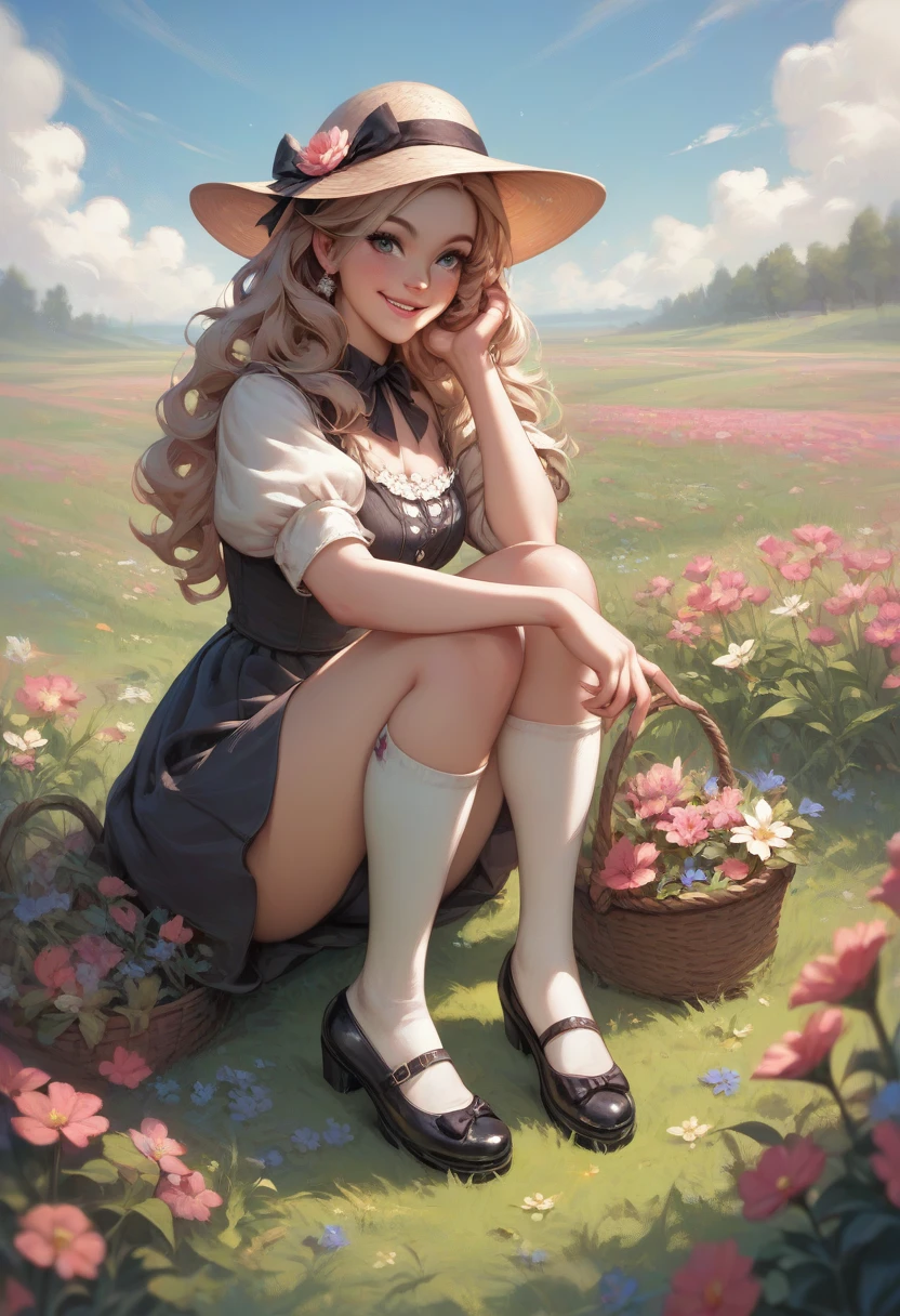 a girl smiling, (round toe) mary_janes, flower field
