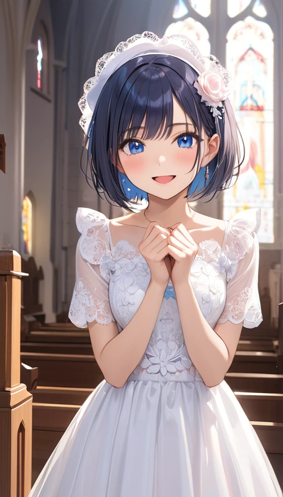 Cowboy Shot、 1 girl, A shy smile、blush、Black Hair, Short Bob Cut, Short Sleeve Wedding Dresses、(((church、background:1.4))), blush:1.2, Deep blue eyes、((Open your mouth)), Light and shadow with attention to detail, backgroundぼかし, (Highest quality:1.2,  Very detailed, Attention to detail, masterpiece:1.2, Best aesthetics),