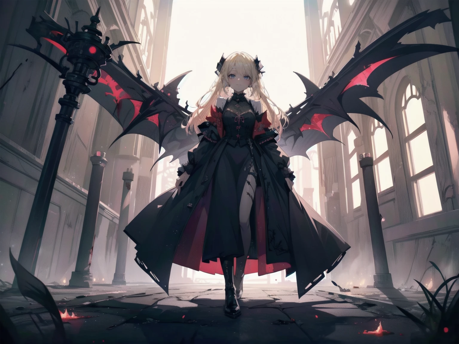 Shadowed face　、beautiful girl、とてもcute天使、Pink T-shirt、cute、Baby Face、smile、Long skirt、Black long boots、.(Highest quality,4K,High resolution,Masterpiece 1.2),Very detailed,Realistic 1.37,Spooky altar background,Dark fantasy,Red color scheme,Ominous atmosphere,Eye-catching,Storytelling,anatomy,Anime Style,Concept Art,beautiful細部までこだわった顔と (((Red eyes ))),A terrifying ritual ,Satanic Ritual,Premature death,inappropriate behavior,クレイジーなsmile,Scythe Face,Girl Monster, beautiful, Delicate facial features, Sharp Eye, Sharp Fangs, pale Skin, Dark Background, Cinema Lighting, Dramatic Shadows, Gothic style, Gloomy atmosphere, Dark fantasy, One person&#39;S, Please open your mouth wide, Open your mouth and baring your teeth,Sharp teeth like a beast, Wide lips, very wide mouth, Vermilion cheeks, ,(Blood splatter1.3),Scary smile, smile,Angel Design, TwiSted smile、Bloody、bleeding from the head,,,,,、Blood splatter、,(Blood splatter1.3),skull,Horror Style, ((Fantasy Sweet Ta Frill Pink Costume)), ((Flowing blonde hair)), ,(Blood splatter1.3),Female curves, Sexy flat stomach, Perfect hands, Perfect anime face, (pink tutu dress)), Are standing, ((邪悪なsmile)), ,(Blood splatter1.3), Steam circulates, Moonlight Illumination, night lighting, (Blood splatter1.3),アニメAngel Design, TwiSted smile、Bloody、bleeding from the head,,,,,、Blood splatter、,(Blood splatter1.3), skull,Gothic architecture、Western architecture、Fantasy World、,Victorian cities, Skeleton Gas Light,Absurd, High resolution、 ((Tabletop)), ((Highest quality)), (Very detailedな), ((Very detailed)), (beautiful), ((cute)), (nfsw1.8), One personで,(1.6)、(world&#39;The most scary and creepy demon girl 1.5)beautiful face、Whole Body Ezbian、pale, beautiful肌、beautiful金の髪、優しくsmileむ、Dark building ruins、(snow white&#39;Ruffled Dresses 1.3)、(暗い廃墟はBloody 1.3)、Low angle full body shot、(少女は血の海の中にAre standing1.2)、(The ground is .3)、(The girl lost a lot of blood.....1.3)、(クレイジーなsmile1.6)、Spirits、(Blood dripping from the mouth 1.3)、
